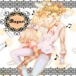  1girl bad_id bad_pixiv_id bare_shoulders blonde_hair blue_eyes brother_and_sister crown dress feathers formal gloves green_eyes hair_ribbon headphones incest kagamine_len kagamine_rin legs magnet_(vocaloid) musical_note open_mouth ribbon short_hair siblings striped teenage thighhighs tsukudato twincest twins vocaloid wings 