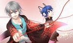  asagi_shion bad_id bad_pixiv_id blue_eyes blue_hair cloak glasses headphones highres male_focus megami_ibunroku_devil_survivor multiple_boys naoya protagonist_(devil_survivor) red_eyes silver_hair 