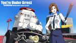  baseball_bat brown_hair copyright_name crossover ghost_in_the_shell gloves green_eyes kazunari mecha pencil_skirt police police_uniform policewoman seiyuu_connection short_hair skirt tachikoma tamagawa_sakiko tsujimoto_natsumi uniform white_gloves you're_under_arrest 