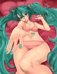  bad_id bad_pixiv_id bed blush bra green_eyes green_hair green_nails hands hatsune_miku kumatani lingerie long_hair lying nail_polish outstretched_arm outstretched_hand panties reaching solo twintails underwear underwear_only very_long_hair vocaloid 