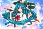  blue_hair colorized food fruit gintarou_(kurousagi108) hat hinanawi_tenshi long_hair nanami_(nanami811) peach red_eyes rock solo sword sword_of_hisou touhou weapon 
