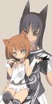  1girl animal_ears anubis bad_id bad_pixiv_id bastet blade_(galaxist) brown_eyes brown_hair cat_ears egyptian_mythology fingerless_gloves gloves green_eyes hands original simple_background thighhighs 