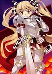  7th_dragon 7th_dragon_(series) armor bad_id bad_pixiv_id berich_(7th_dragon) blonde_hair brown_eyes brown_hair cape checkered hair_ribbon knight_(7th_dragon) long_hair ribbon shirota_dai solo sword twintails very_long_hair weapon 