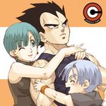  2boys aqua_eyes aqua_hair blue_hair blush bulma closed_eyes dragon_ball dragon_ball_z earrings family happy hug jewelry lowres multiple_boys one_eye_closed profile purple_hair smile spoilers trunks_(dragon_ball) vegeta yorozu 