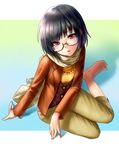  bad_id bad_pixiv_id bangs barefoot black_hair blunt_bangs capri_pants casual feet glasses hands head_tilt inuzuka_bouru open_mouth original pants red_eyes scarf semi-rimless_eyewear short_hair sitting solo under-rim_eyewear yokozuwari 