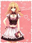  blonde_hair braid brown_eyes contemporary hair_ribbon happy_valentine highres kirisame_marisa midriff munya ribbon skirt solo touhou valentine wrist_cuffs 