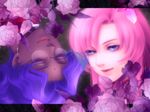  blue_eyes close-up closed_eyes dark_skin earrings flower glasses himemiya_anthy jewelry kayu lipstick makeup multiple_girls pink_hair purple_hair realistic rose shoujo_kakumei_utena tenjou_utena 