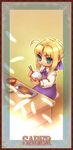  ahoge artoria_pendragon_(all) blonde_hair bowl chopsticks eating fate/stay_night fate_(series) feathers fish food food_on_face green_eyes rice rice_bowl saber sankuma seiza sitting solo 