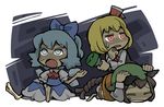  animal_ears bad_id bad_pixiv_id blonde_hair blue_eyes blue_hair brown_hair cat_ears cat_tail chen chibi cirno flashlight hair_ribbon hat hounori multiple_girls multiple_tails red_eyes ribbon rumia scared sweat tail team_9 touhou 