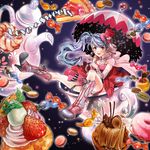  bad_id bad_pixiv_id blue_hair blush boots cake candy cape cup doughnut elbow_gloves feast food fruit gloves happy highres macaron mont_blanc_(food) naka_nohito original pastry pink_eyes side_ponytail strawberry sweets umbrella 