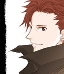  baccano! brown_coat claire_stanfield coat from_side gogono_pan'ya looking_at_viewer looking_to_the_side male_focus parted_lips red_eyes red_hair simple_background sketch smile solo upper_body white_background 
