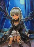  bad_id bad_pixiv_id boots breasts cleavage doll_joints dress frills hairband knee_boots medium_breasts moon night night_sky oil_painting_(medium) purple_eyes rozen_maiden silver_hair sky smile solo suigintou tafuto traditional_media wings 