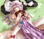  bad_id bad_pixiv_id book geike hat kirisame_marisa lap_pillow multiple_girls patchouli_knowledge purple_hair ribbon sleeping touhou witch_hat 