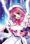  blue_eyes bow caro_ru_lushe chain gloves hat highres kanna_(plum) kerykeion lyrical_nanoha mahou_shoujo_lyrical_nanoha_strikers md5_mismatch pink_bow pink_hair solo 