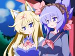  alternate_costume alternate_hairstyle animal_ears blonde_hair blue_eyes blue_hair breasts cleavage fox_ears hairband highres large_breasts long_hair multiple_girls oborotsuki_kakeru rope school_uniform short_hair touhou yakumo_yukari yasaka_kanako 