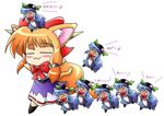  &gt;_&lt; :3 animal_ears bad_id bad_pixiv_id blue_hair cat_ears cat_tail chibi clone closed_eyes food fruit hat hinanawi_tenshi horns ibuki_suika kemonomimi_mode minigirl multiple_girls peach pic2_toshi tail touhou 