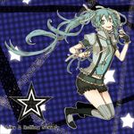  :p asymmetrical_clothes belt blue_eyes blue_hair boots buzz frills gloves hatsune_miku highres lace like_a_rolling_star_(vocaloid) long_hair navel necktie plaid plaid_star ribbon shorts single_glove skirt solo star suspenders thighhighs tongue tongue_out twintails vocaloid 