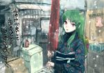  animal_ears copyright_request green_hair japanese_clothes kimono new_year oriental_umbrella red_eyes snow solo toi8 umbrella washing_machine 