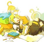  :3 alarm_clock animalization blonde_hair blue_eyes book brother_and_sister cat clock crossed_legs glider_(artist) hair_ribbon headphones headset kagamine_len kagamine_rin lying male_focus necktie pen ponytail ribbon siblings solo sweat twins vocaloid yellow_neckwear 