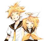  1girl bad_id bad_pixiv_id blonde_hair brother_and_sister closed_eyes detached_sleeves hair_ornament hair_ribbon hairclip headphones kagamine_len kagamine_rin kuwahara_souta laughing necktie ribbon short_hair siblings twins vocaloid yellow_neckwear 