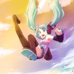  armpits bad_id bad_pixiv_id blue_eyes blue_hair boots cloud detached_sleeves falling hatsune_miku long_hair necktie skirt sky solo sunset takeda_yukimura thigh_boots thighhighs twintails vocaloid 