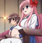  blue_eyes blush breasts brown_eyes brown_hair hair_ribbon haramura_nodoka large_breasts midriff miyanaga_saki multiple_girls navel necktie non-web_source open_mouth pink_hair pregnant ribbon saki school_uniform short_hair sitting thighhighs third-party_edit twintails yuri 