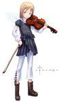  blonde_hair boots bow bow_(instrument) brown_eyes dress instrument long_hair original sabamu solo sweater viola_(instrument) wings 