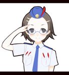  artist_request black_eyes black_hair blush glasses gyakuten_saiban hair_ornament hairclip hat necktie pale_skin police police_uniform salute short_hair smile solo suzuki_mako uniform 