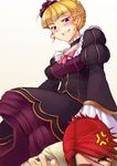  1girl anger_vein annoyed beatrice blonde_hair blue_eyes blush bow dress femdom grin human_chair human_furniture pink_bow red_hair sitting sitting_on_person smile umineko_no_naku_koro_ni ushiromiya_battler yuzun 