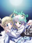  animal_ears antennae blue_eyes blush cloud couple eila_ilmatar_juutilainen green_eyes highres hirschgeweih_antennas holding_hands hug kaibara_yuu long_hair multiple_girls sanya_v_litvyak short_hair silver_hair sky star_(sky) starry_sky strike_witches uniform world_witches_series yuri 