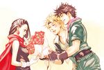  2boys battle_tendency belt black_hair blonde_hair blue_eyes bouquet caesar_anthonio_zeppeli earrings fingerless_gloves flower gloves haato headband jewelry jojo_no_kimyou_na_bouken joseph_joestar_(young) lisa_lisa mother's_day multiple_boys scarf smile 