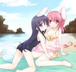  animal_ears ball barefoot beachball bikini black_hair bunny_ears day feet innertube long_hair multiple_girls one-piece_swimsuit original pink_eyes pink_hair polka_dot purple_eyes sakura_(usashiro_mani) sandals sandals_removed school_swimsuit swimsuit usashiro_mani yellow_bikini 