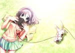  aqua_eyes blush book brown_hair cat entangled grass headband headphones lying on_back original shouna_mitsuishi skirt solo 