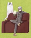  animal_costume bad_id bad_pixiv_id cat_costume couch error formal geta green_tea male_focus megami_ibunroku_devil_survivor naoya necktie protagonist_(devil_survivor) red_eyes silver_hair solo suit tea yoshida_sei 