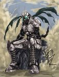  armor bodysuit full_body kamen_rider kamen_rider_black_(series) male_focus rock shadow_moon signature sitting solo umitsuki wings 