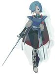  aqua_eyes aqua_hair black_legwear boots cape earrings elbow_gloves gloves grandia grandia_i jewelry knee_boots leen_(grandia) nemurism shadow short_hair shoulder_armor solo spaulders sword weapon 