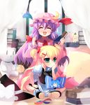  alternate_hairstyle blonde_hair cirno closed_eyes green_eyes hair_brush hair_ornament hairclip hairdressing kirisame_marisa multiple_girls open_mouth patchouli_knowledge pillow purple_hair shin_(new) shoes smile touhou twintails |_| 