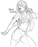  bandaid blush bowalia breasts character_request cleavage copyright_request fingerless_gloves gloves greyscale long_hair medium_breasts midriff monochrome navel one_eye_closed shirt shorts solo t-shirt tied_shirt toned 