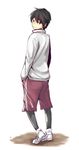  alternate_costume androgynous ataru_(cha2batake) black_eyes black_hair from_behind full_body jacket kantai_collection looking_at_viewer mogami_(kantai_collection) shoes sneakers solo track_jacket track_suit white_background 
