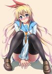  absurdres bad_id bad_pixiv_id black_legwear blonde_hair blue_eyes blush covering covering_crotch full_body hair_ribbon highres kirisaki_chitoge knees_together_feet_apart loafers long_hair nisekoi ribbon school_uniform shoes simple_background sitting smile solo thighhighs vanzan 