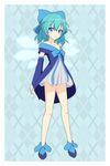  argyle argyle_background bare_shoulders blue_eyes blue_hair bow card cato_(monocatienus) cirno collarbone cosplay detached_sleeves dress flat_chest hair_bow highres ice ice_wings legs long_sleeves look-alike looking_at_viewer off_shoulder petite piruluk piruluk_(cosplay) short_dress smile solo touhou tsurime wide_sleeves wings wixoss 