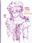  artist_name bespectacled book bow crescent dated glasses hat looking_at_viewer monochrome necktie patchouli_knowledge purple_hair ribbon savan sketch solo thank_you touhou 