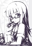  bangs bespectacled blunt_bangs glasses gloves hatsukaze_(kantai_collection) highres kantai_collection long_hair looking_at_viewer mmrailgun monochrome pen school_uniform solo 