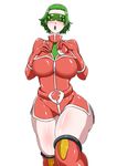  bara_(pokemon) belt boots breasts commentary_request curvy ears gloves green_hair highres hips holding holding_poke_ball huge_breasts kanta_(x-tei) knees latex legs lips makeup necktie nintendo open_mouth plump poke_ball pokemon pokemon_(game) pokemon_xy shiny shiny_clothes short_hair solo team_flare thick_thighs thighs visor wide_hips 
