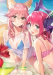  2girls :d ameyame animal_ears beach bikini blue_eyes blush breasts brown_hair cocktail_glass cup drinking_glass elizabeth_bathory_(fate) elizabeth_bathory_(fate)_(all) fate/extra fate/grand_order fate_(series) fox_ears horns kneeling long_hair looking_at_viewer looking_back medium_breasts multiple_girls open_mouth pink_hair polka_dot polka_dot_bikini see-through shirt smile swimsuit t-shirt tamamo_(fate)_(all) tamamo_no_mae_(fate) tamamo_no_mae_(swimsuit_lancer)_(fate) wet wet_clothes wet_shirt yellow_eyes 