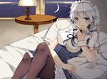  apron between_fingers black_legwear blue_dress breasts crescent_moon dress grey_eyes izayoi_sakuya knife lamp large_breasts licking_lips looking_at_viewer lying maid maid_headdress moon night on_back on_bed pantyhose pillow puffy_short_sleeves puffy_sleeves rinarisa shirt short_sleeves silver_hair solo table tongue tongue_out touhou underbust waist_apron window 