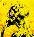  animal_ears bunny_ears from_side gas_mask long_hair monochrome necktie portrait profile reisen_udongein_inaba savan solo spot_color touhou yellow yellow_background 