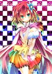  bare_shoulders blue_eyes blush breasts checkered checkered_background cleavage dress flower gradient_hair hair_flower hair_ornament highres jijii48 large_breasts md5_mismatch multicolored multicolored_clothes multicolored_dress multicolored_hair no_game_no_life rainbow_gradient short_hair solo stephanie_dora 