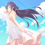  bare_shoulders blue_eyes breasts card cloud day dress egooo hand_on_own_head large_breasts long_dress long_hair looking_at_viewer love_live! love_live!_school_idol_project purple_hair see-through_silhouette sideboob sky solo sundress toujou_nozomi twintails white_dress 