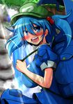  alternate_breast_size backpack bag blue_eyes blue_hair blurry blush breasts buttons clenched_hand depth_of_field hair_bobbles hair_ornament hat huge_breasts kawashiro_nitori light_rays looking_at_viewer looking_back looking_to_the_side open_mouth pocket puffy_short_sleeves puffy_sleeves rindou_(p41neko) rock short_hair short_sleeves solo strap sunbeam sunlight touhou tree two_side_up water waterfall 